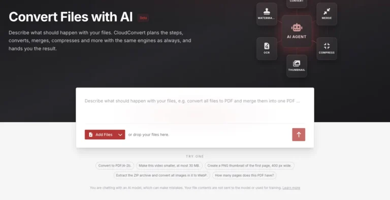 Page de l'agent IA de CloudConvert avec champ de consigne, bouton d'ajout de fichiers et exemples de requêtes