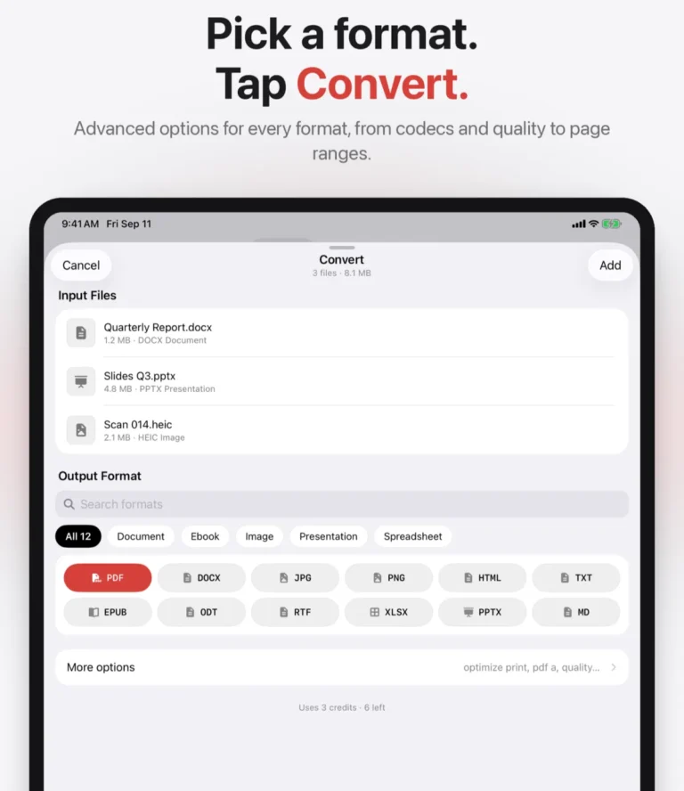 Écran de conversion de l'application CloudConvert sur iPad avec trois fichiers en entrée et choix du format de sortie