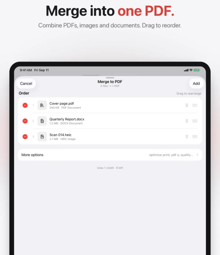 Écran de fusion en PDF de l'application CloudConvert sur iPad avec trois fichiers à réordonner