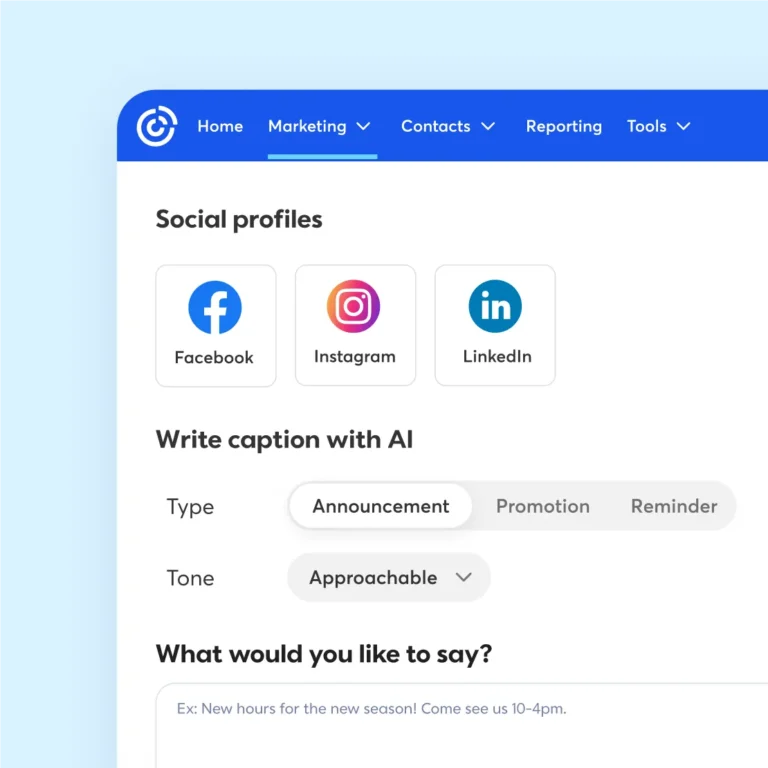 Rédaction d'un post social avec l'IA dans Constant Contact : choix de Facebook, Instagram ou LinkedIn, type de message et ton