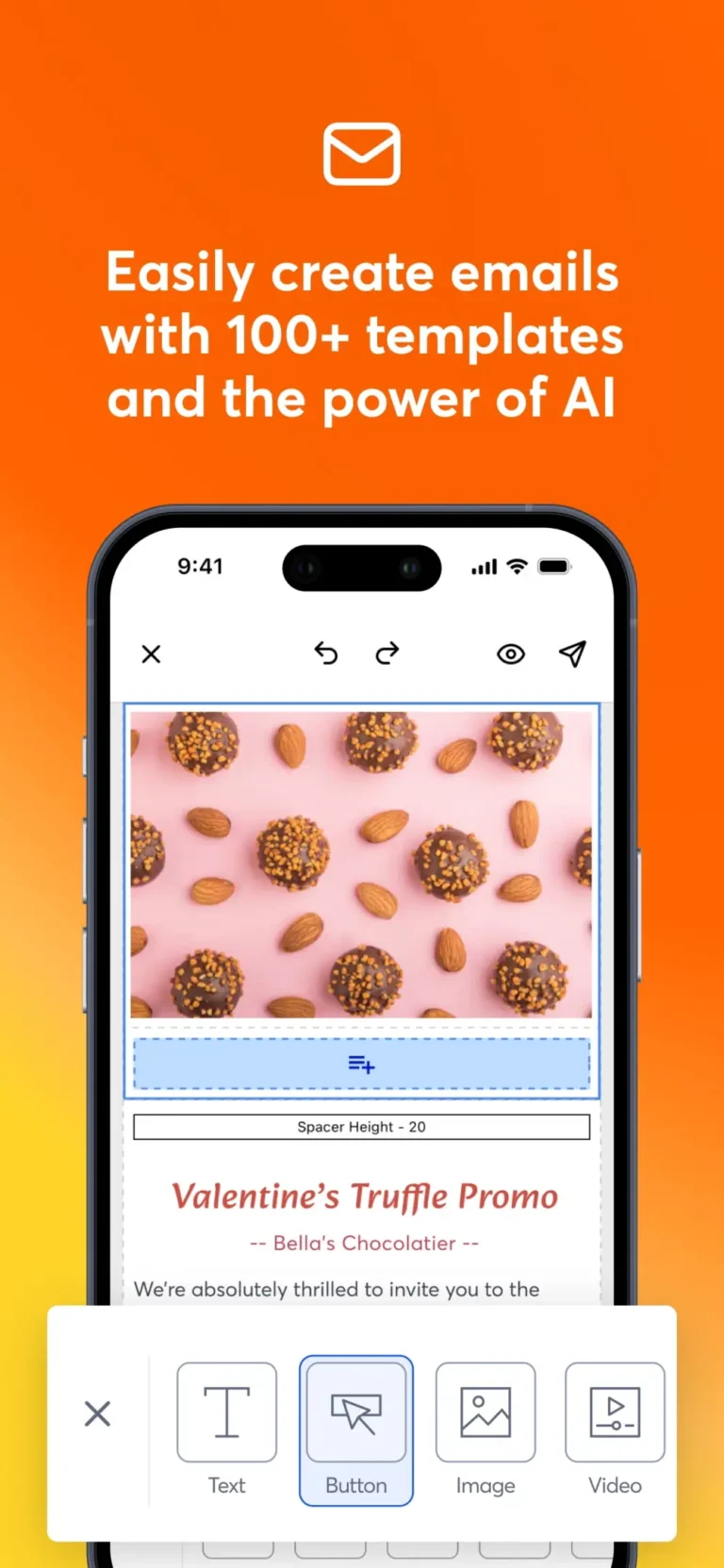 Éditeur d'e-mail de l'application mobile Constant Contact sur iPhone, avec blocs texte, bouton, image et vidéo