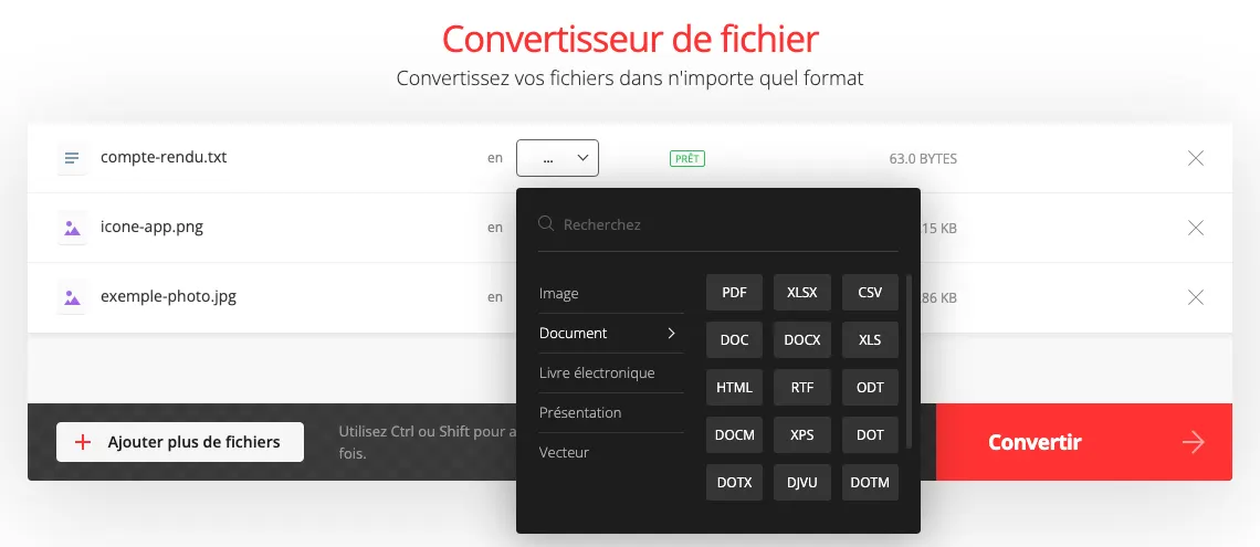 Liste de trois fichiers à convertir dans Convertio avec le menu des formats de sortie ouvert sur la famille Document