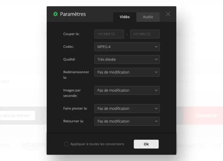 Fenêtre Paramètres d'une conversion vidéo Convertio avec découpe, codec, qualité, résolution et images par seconde