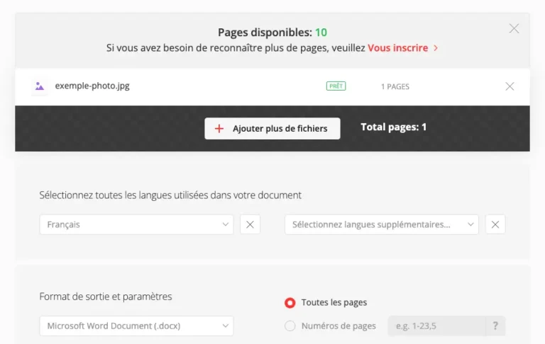 Module OCR de Convertio avec compteur de pages disponibles, choix des langues du document et du format de sortie Word