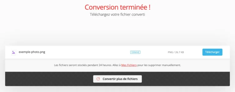 Écran Conversion terminée de Convertio avec le fichier PNG obtenu, sa taille et le bouton Télécharger