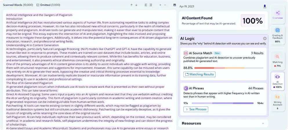 Rapport de détection d'IA Copyleaks : texte surligné, score de contenu IA de 100 % et panneau AI Logic
