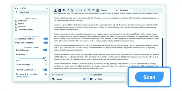 Profil de scan Copyleaks : exclusions, modes de détection IA et plagiat, sensibilité et sources à côté du texte