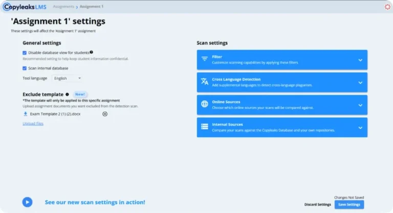 Paramètres d'un devoir dans Copyleaks LMS : base interne, langue de l'outil, modèle à exclure et réglages de scan