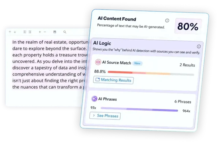 Panneau AI Logic de Copyleaks avec score de 80 %, résultats AI Source Match et liste AI Phrases