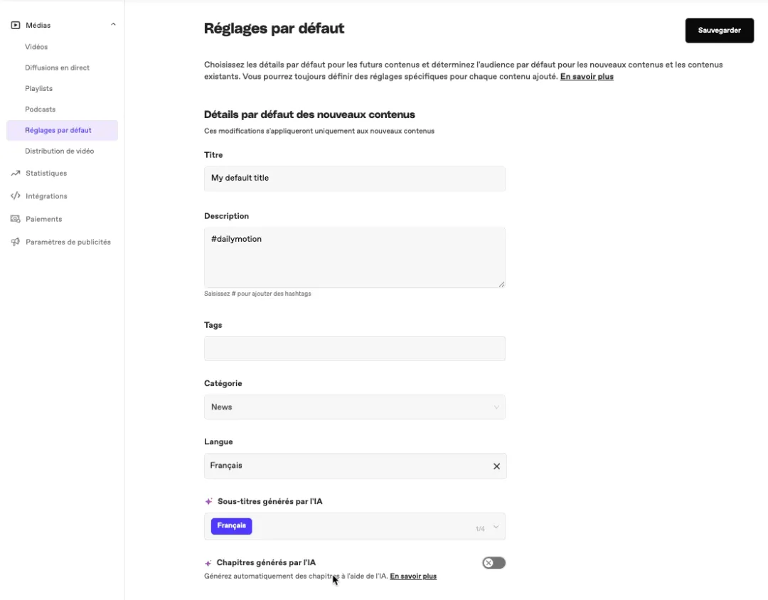 Écran Réglages par défaut du Dailymotion Studio avec titre, description, catégorie, langue et options de sous-titres et chapitres IA