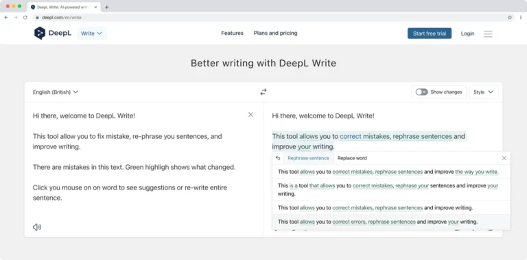 Éditeur DeepL Write corrigeant un texte anglais, avec modifications surlignées et menu de reformulation de phrase