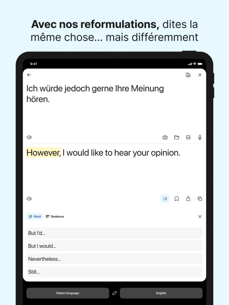 Application DeepL sur iPad traduisant une phrase allemande en anglais avec liste de reformulations par mot ou par phrase
