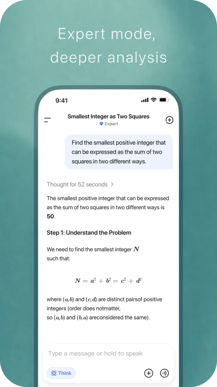 Conversation DeepSeek en mode Expert sur mobile : réflexion de 52 secondes puis résolution pas à pas d'un problème de maths