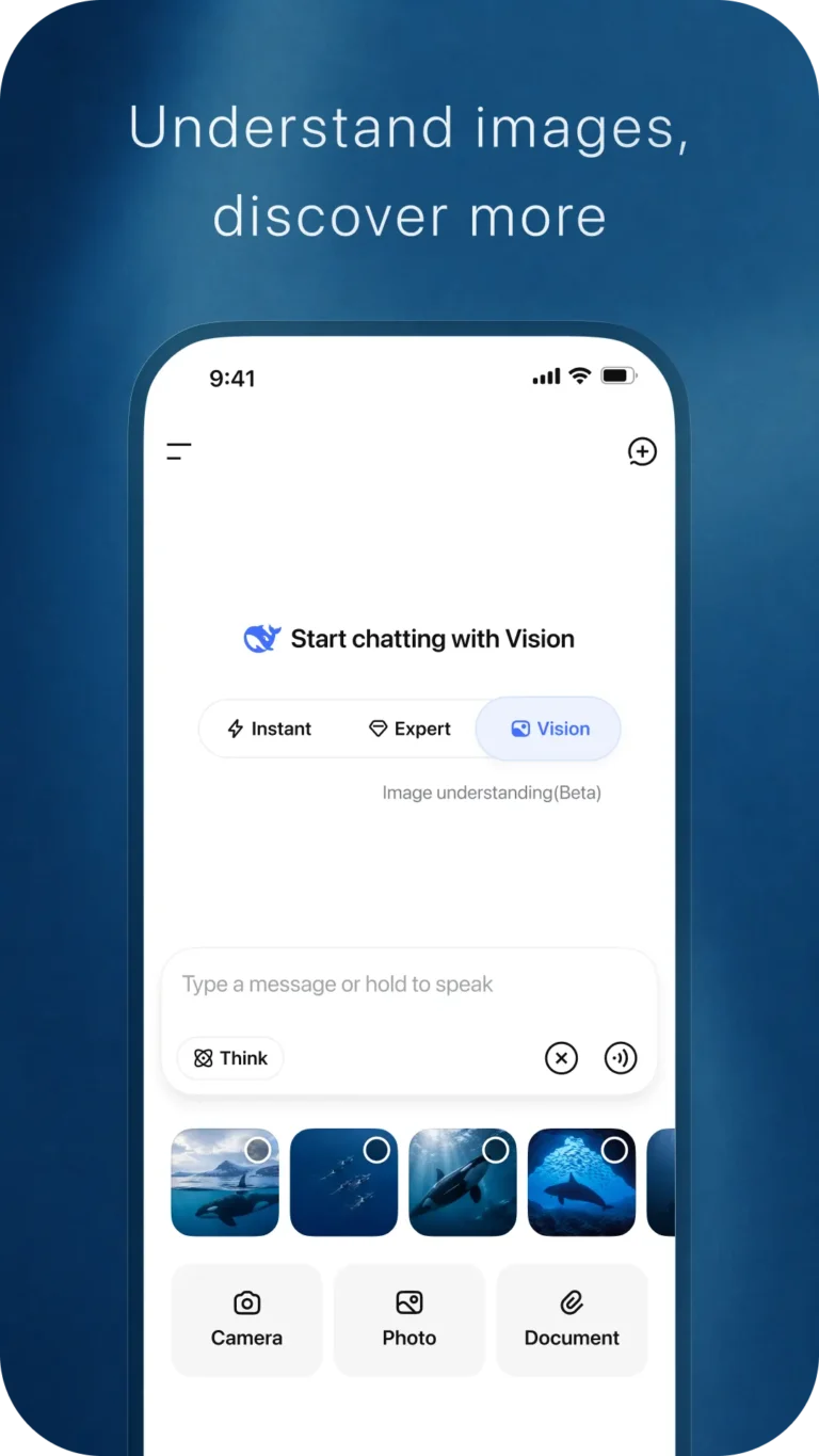 Écran Vision de l'application DeepSeek avec sélecteur Instant, Expert, Vision et boutons Appareil photo, Photo et Document