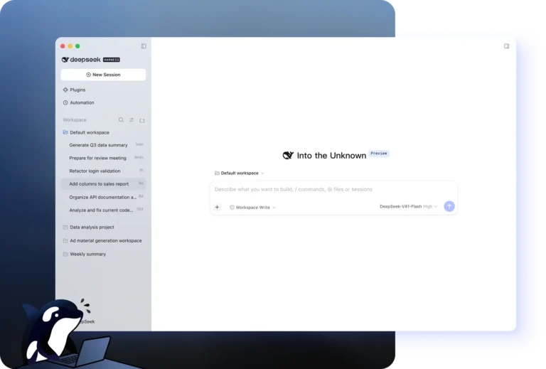 Application de bureau DeepSeek Harness avec espaces de travail, sessions, plugins, automatisations et modèle V4.1-Flash