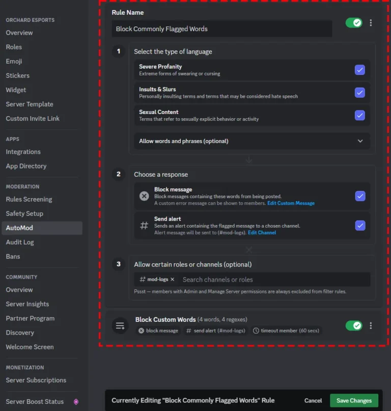 Paramètres AutoMod d'un serveur Discord avec règle de mots signalés, réponses et rôles exemptés