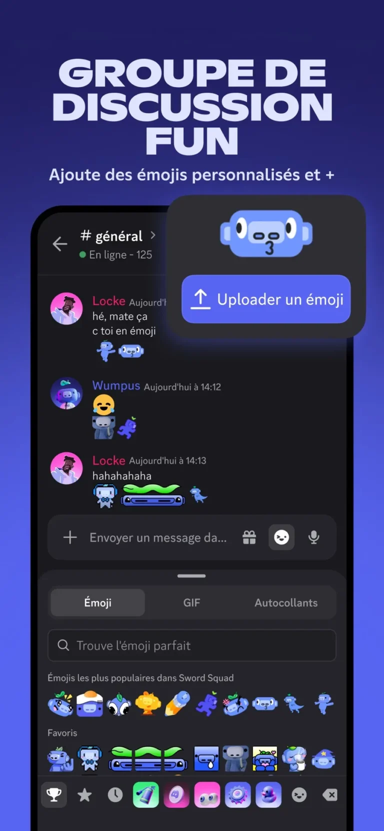 Salon textuel Discord sur mobile avec messages, émojis personnalisés et sélecteur d'émojis, GIF et autocollants