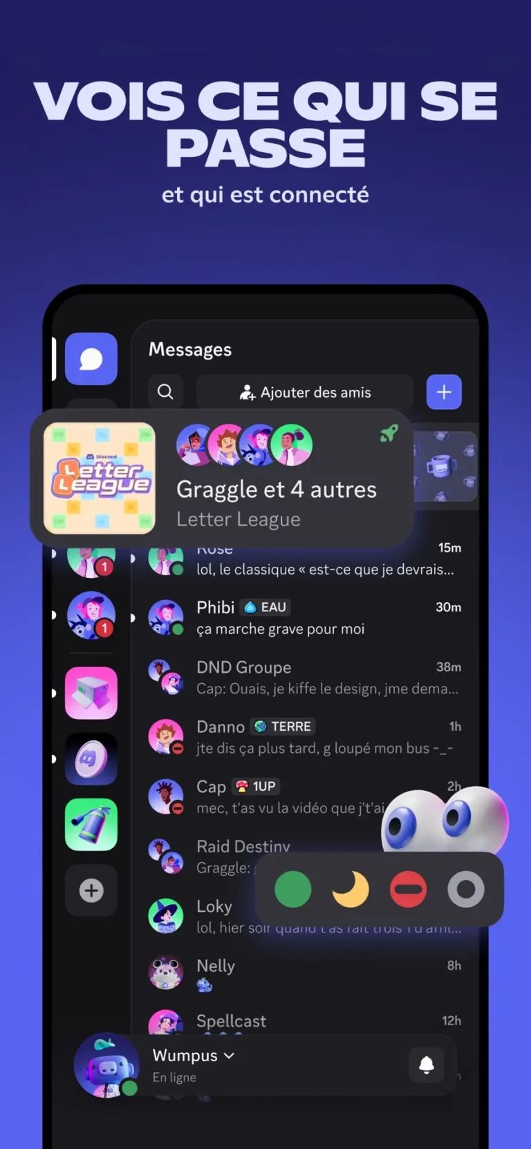 Liste des messages privés Discord sur mobile avec statuts de présence et activité en cours d'un groupe