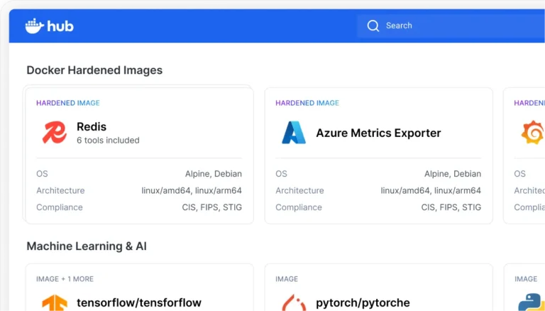 Catalogue Docker Hub avec des images durcies Redis et Azure Metrics Exporter et la section Machine Learning et IA