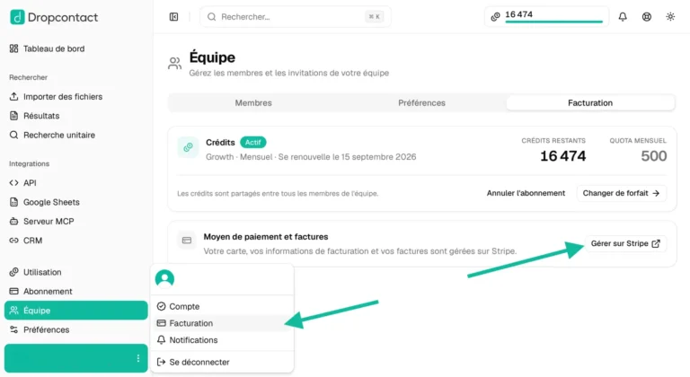 Onglet Facturation de l'équipe Dropcontact : formule Growth mensuelle, crédits restants, quota mensuel et accès aux factures