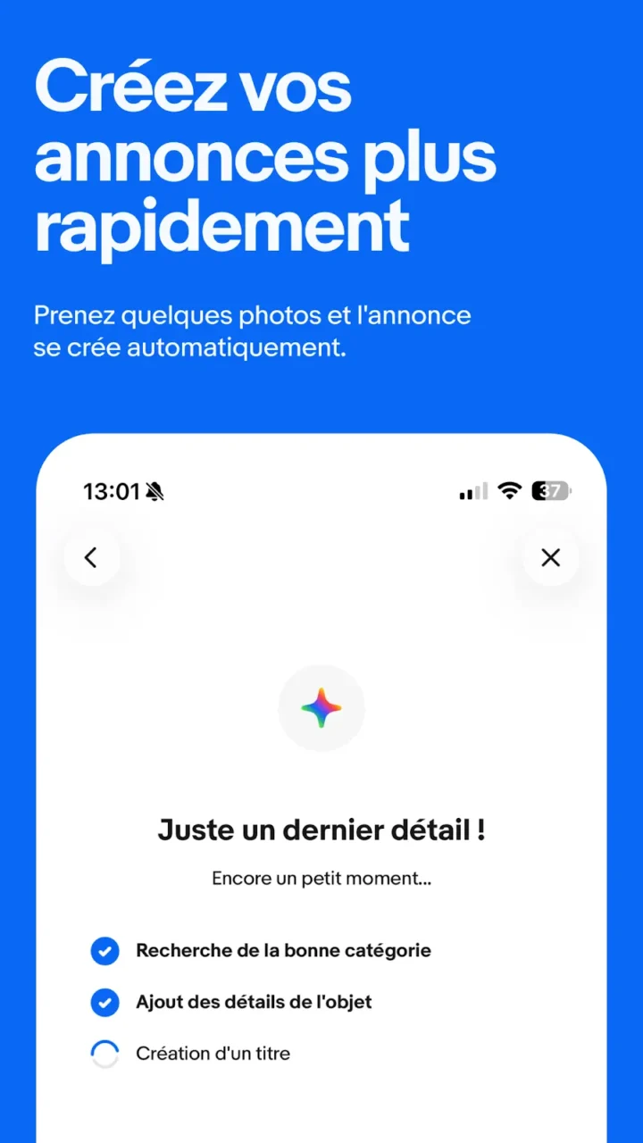 Application eBay pendant la création automatique d'une annonce : recherche de catégorie, ajout des détails et création du titre