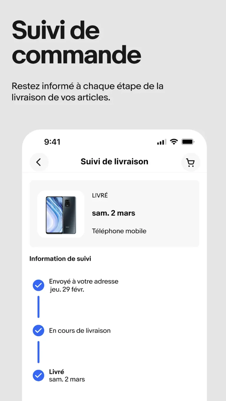 Écran Suivi de livraison de l'application eBay avec les étapes envoyé, en cours de livraison et livré