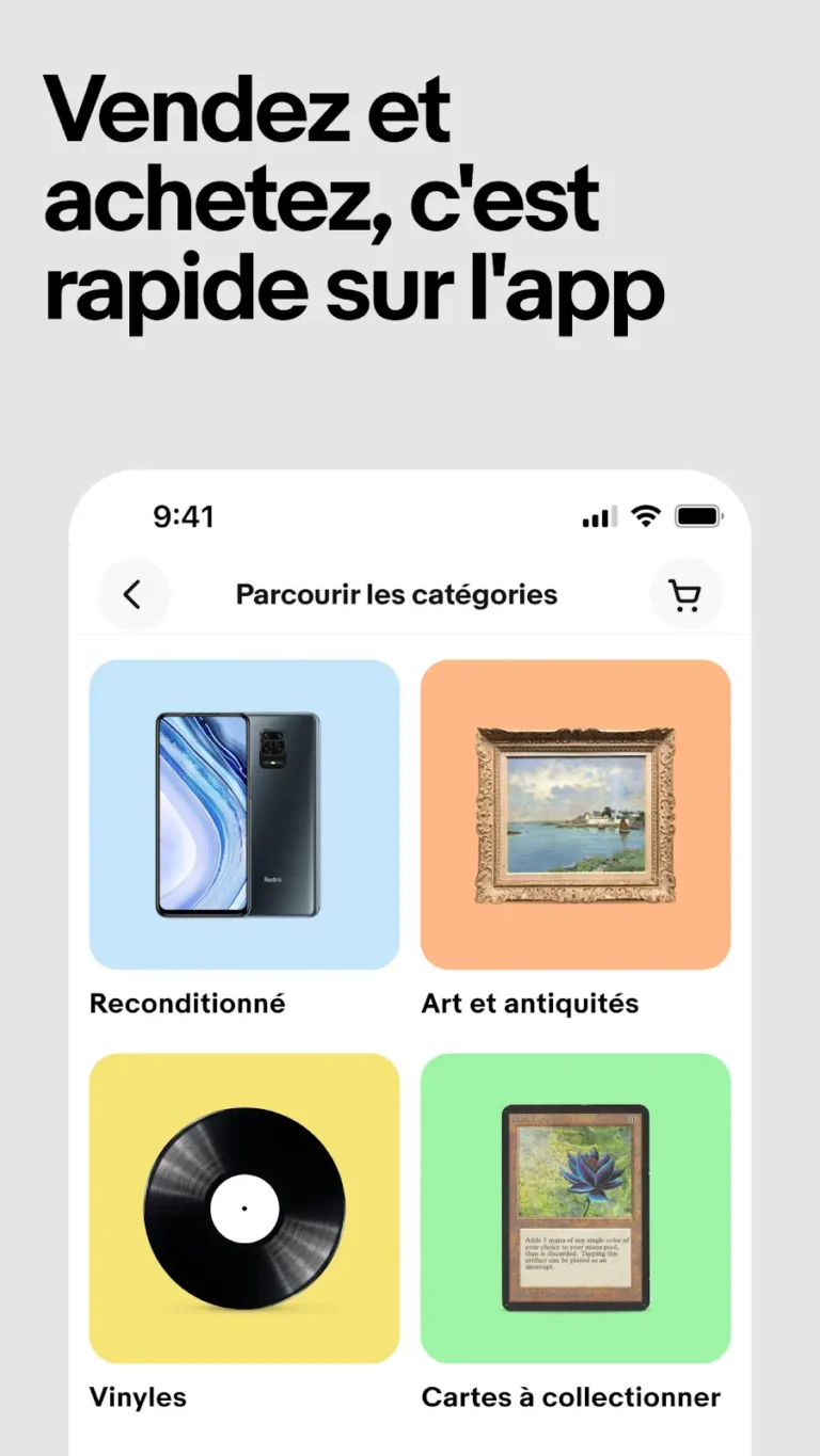Écran Parcourir les catégories de l'application eBay avec reconditionné, art et antiquités, vinyles et cartes à collectionner