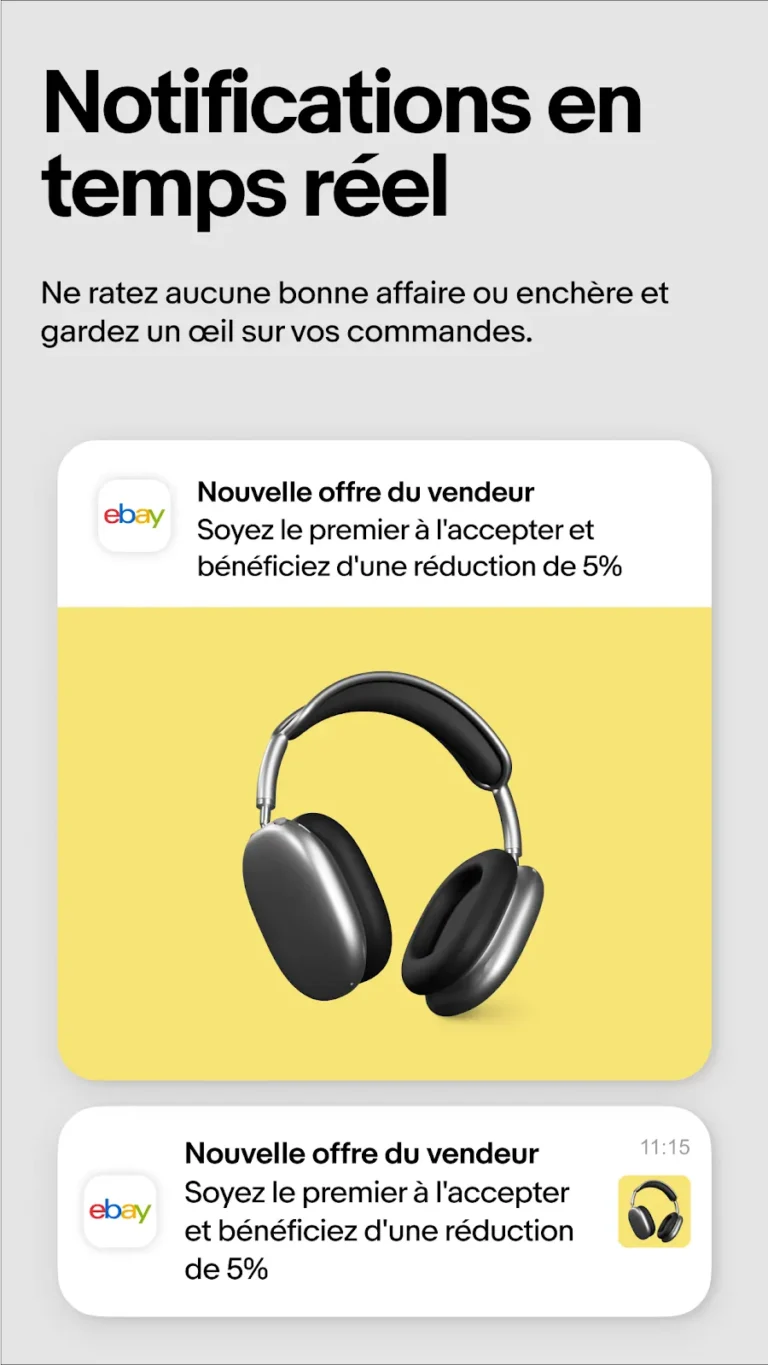 Notifications de l'application eBay annonçant une nouvelle offre du vendeur avec 5 % de réduction