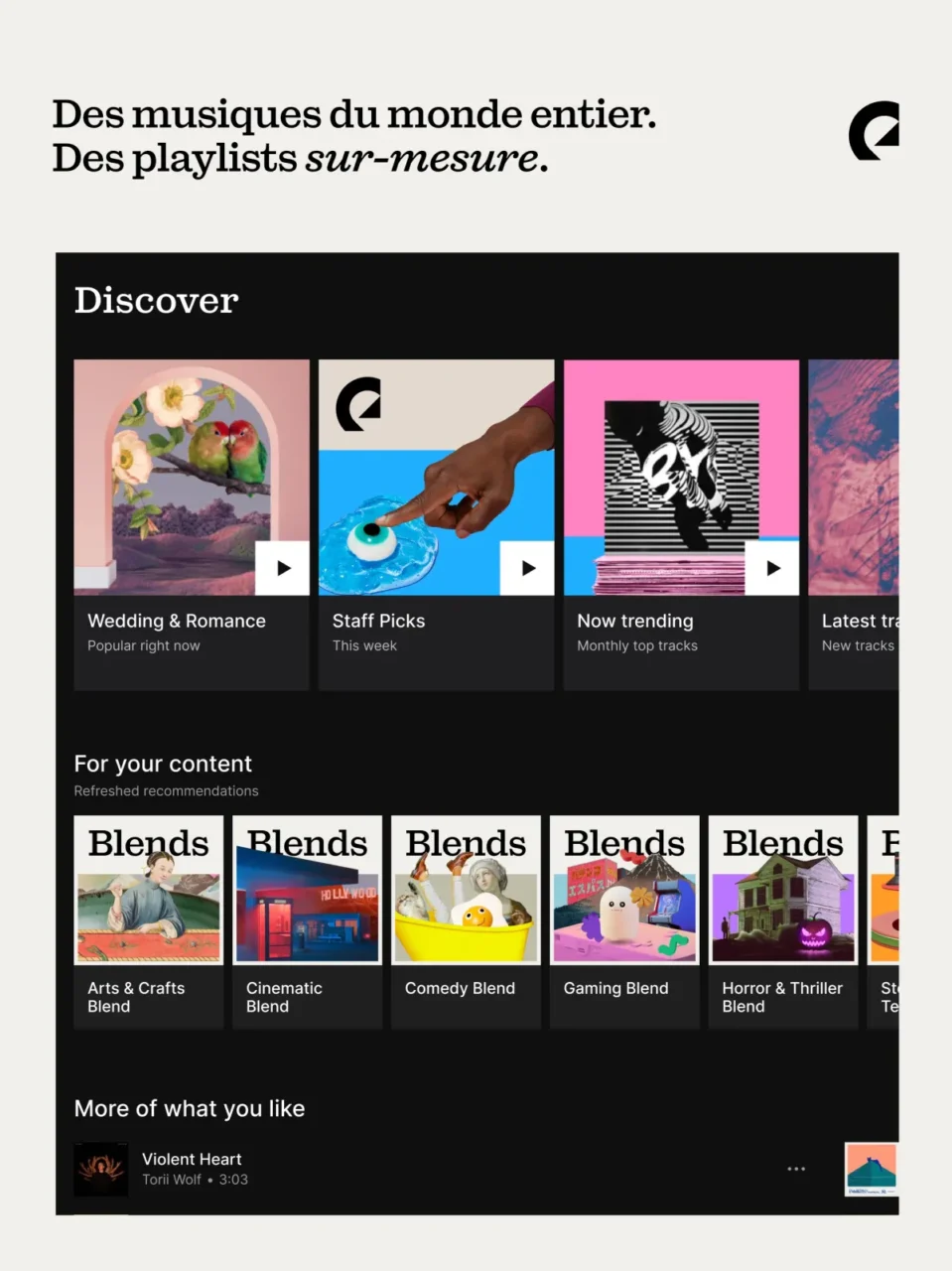 Écran Discover de l'application Epidemic Sound sur iPad avec playlists Staff Picks, Now trending et recommandations Blends