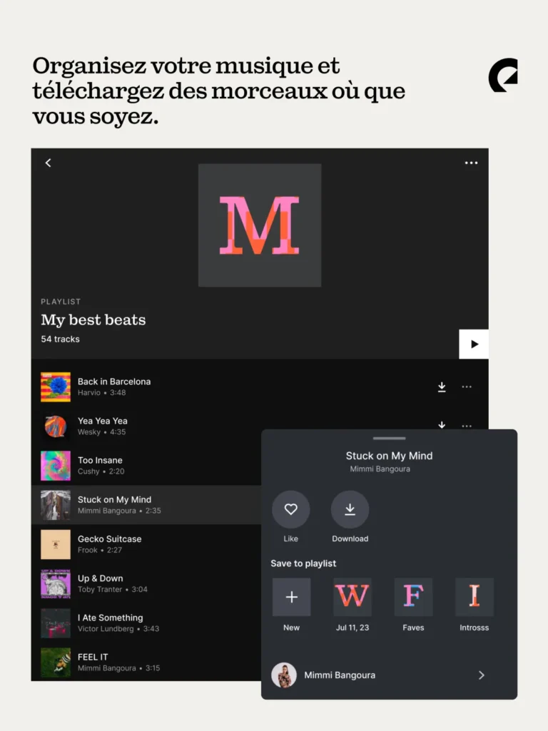 Playlist My best beats dans l'application Epidemic Sound, avec le menu J'aime, Télécharger et Enregistrer dans une playlist