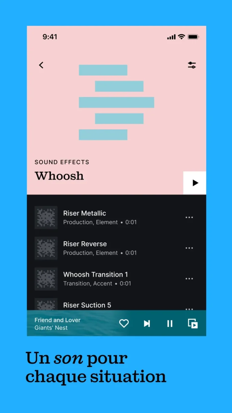 Catégorie d'effets sonores Whoosh dans l'application mobile Epidemic Sound avec la liste des sons Riser et Transition