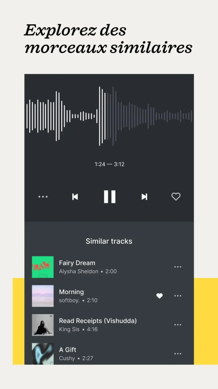 Lecteur Epidemic Sound sur mobile avec forme d'onde du morceau et liste de morceaux similaires