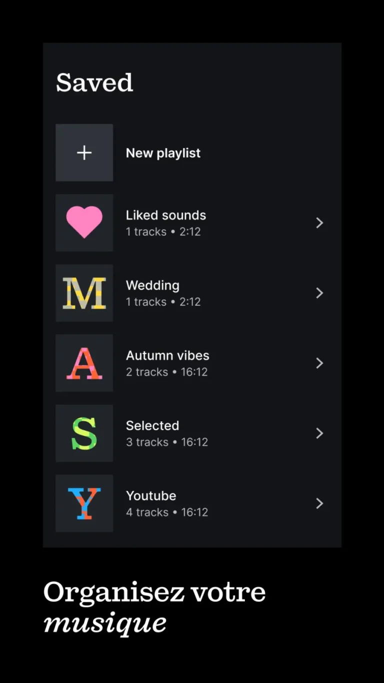 Écran Saved de l'application Epidemic Sound avec les playlists créées par l'utilisateur et le bouton New playlist