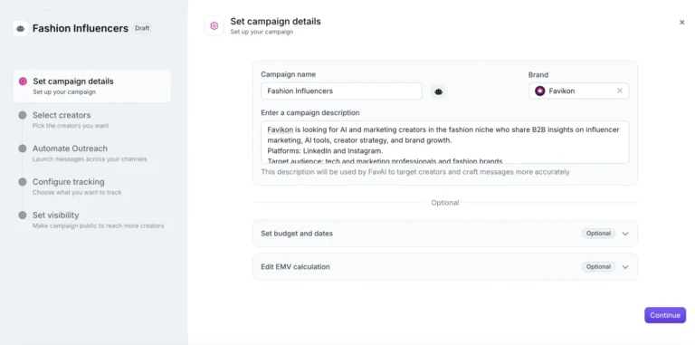 Première étape de l'assistant de campagne Favikon : nom, marque, description utilisée par l'IA et options budget et EMV