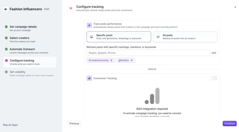 Étape de suivi d'une campagne Favikon : récupération des posts par hashtag ou mention et suivi des conversions GA4