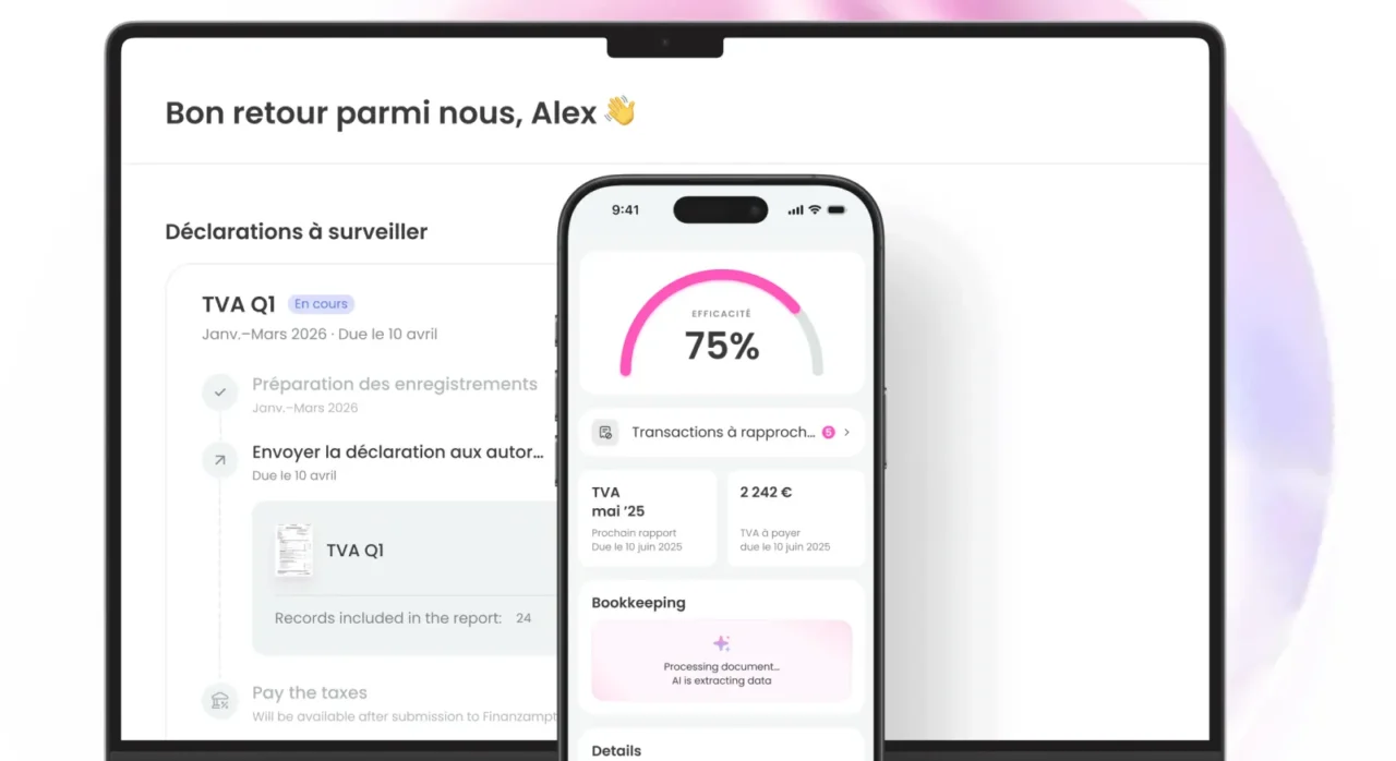 Tableau de bord Finom Comptabilité sur ordinateur et mobile : déclarations de TVA à surveiller et transactions à rapprocher