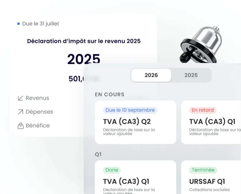 Calendrier fiscal de Finom avec déclarations TVA CA3 et URSSAF classées par trimestre et par statut