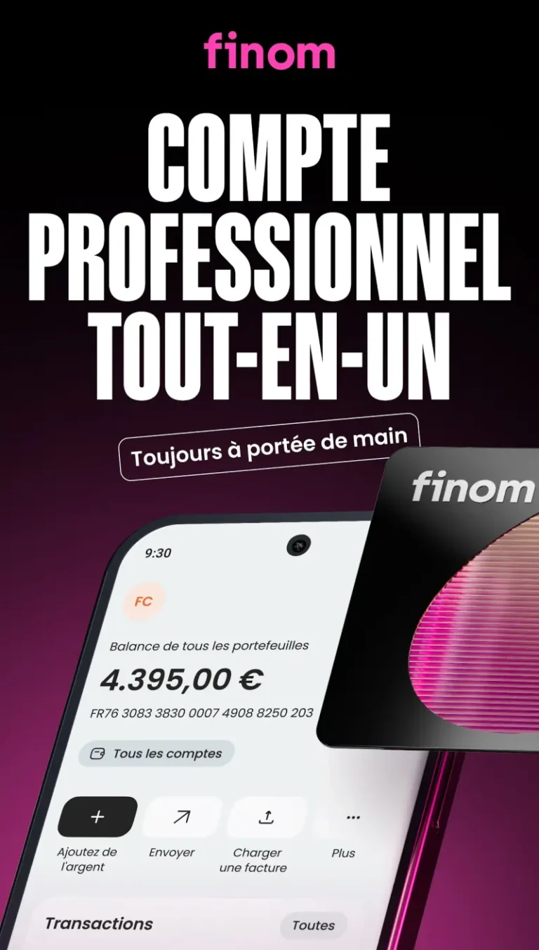 Écran d'accueil de l'application mobile Finom avec solde de tous les portefeuilles, IBAN et actions rapides