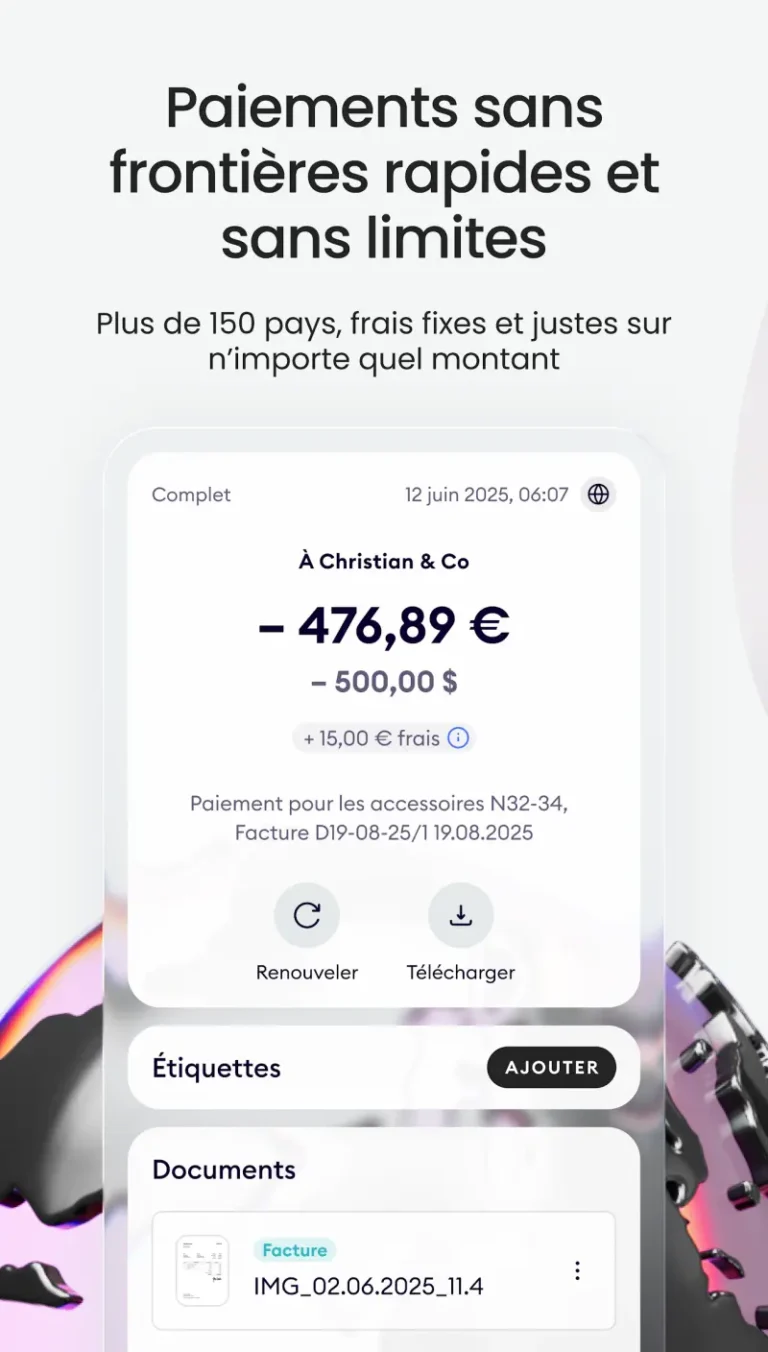 Détail d'un paiement international dans l'application Finom : montant en euros et en dollars, frais et facture jointe