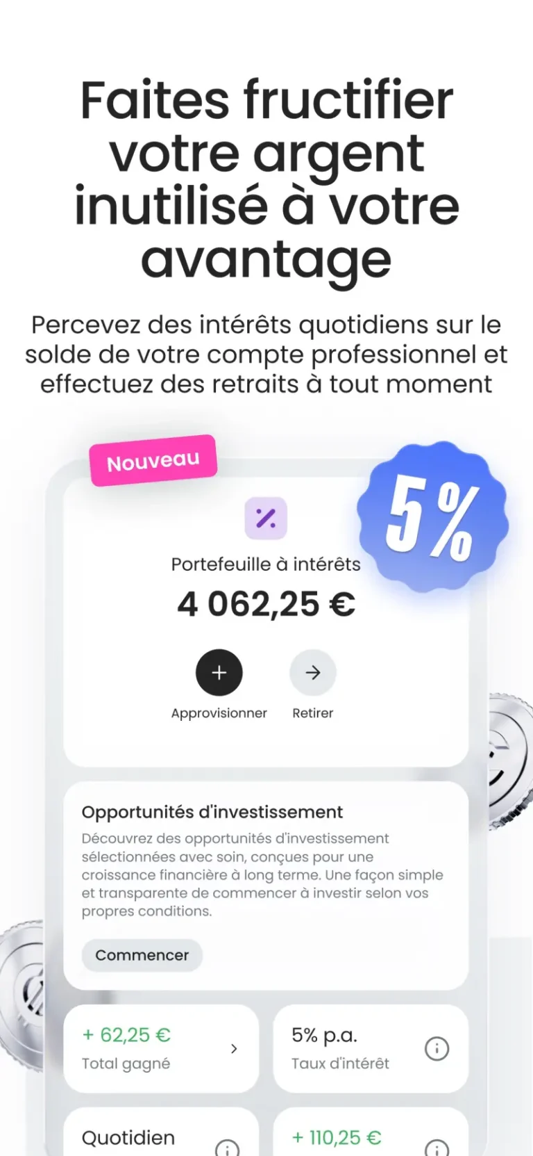 Portefeuille à intérêts dans l'application Finom avec solde, approvisionnement, retrait et intérêts gagnés