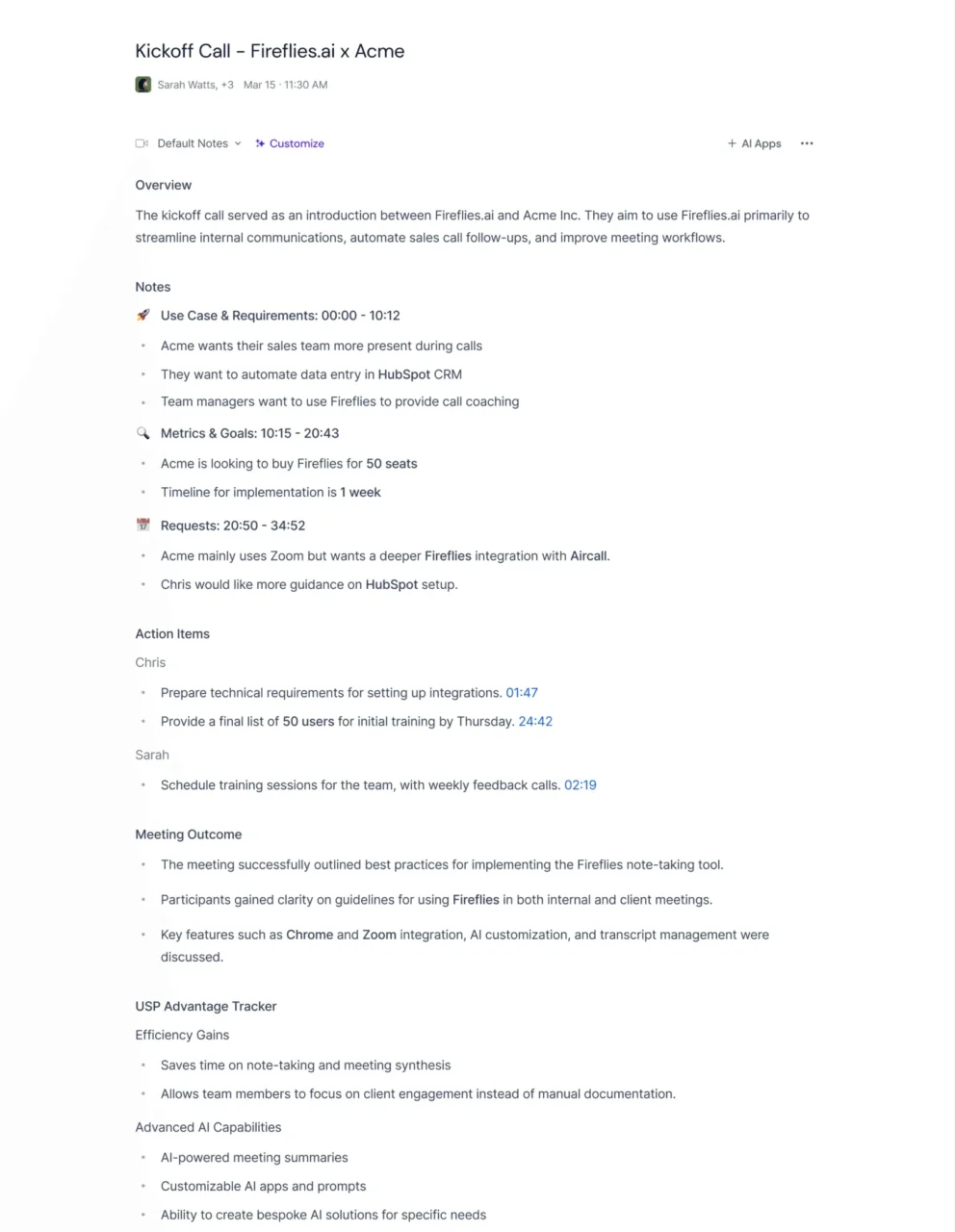 Compte rendu Fireflies d'un appel de lancement avec vue d'ensemble, notes horodatées par thème et actions par participant