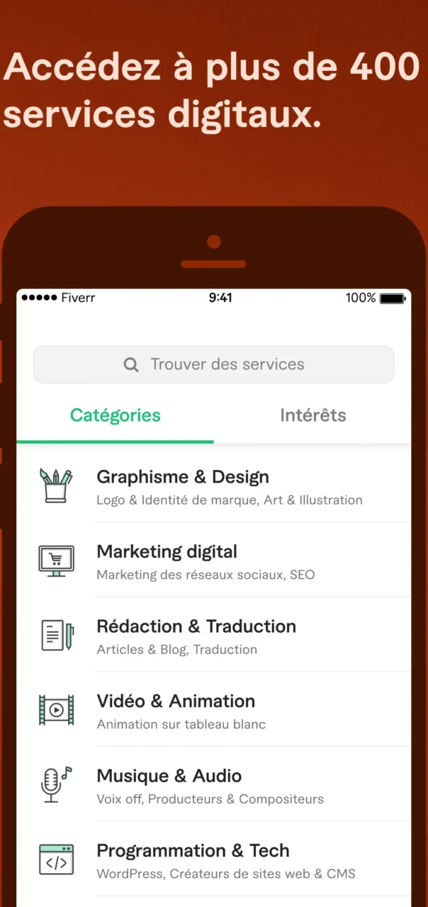 Écran de recherche de l'application mobile Fiverr avec la liste des catégories de services, du graphisme à la programmation