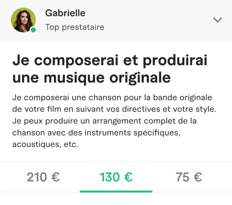 Page d'un service Fiverr dans l'application avec niveau du prestataire, description et trois offres à 75, 130 et 210 euros