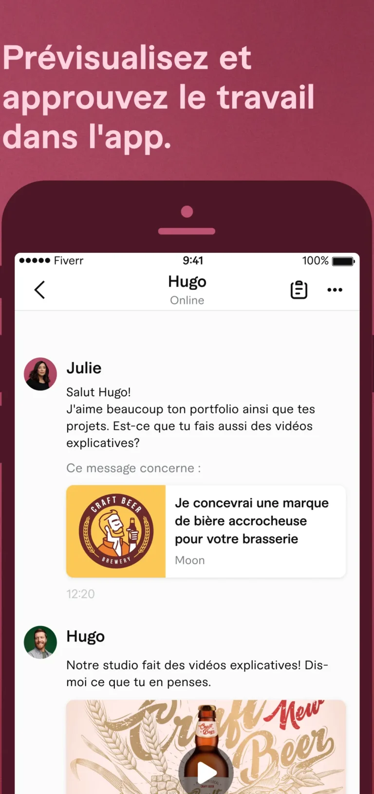 Messagerie de l'application Fiverr avec un échange entre client et freelance rattaché à un service et une vidéo livrée