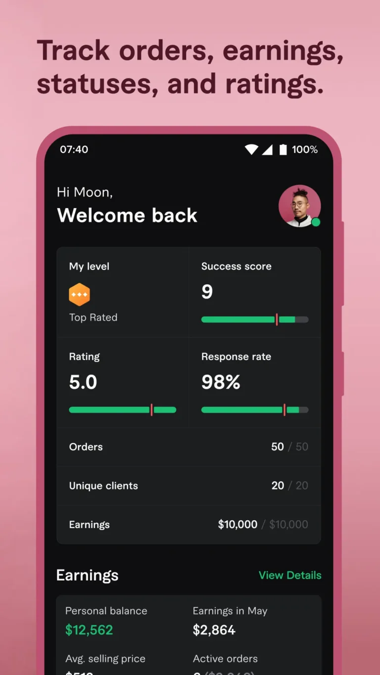 Tableau de bord freelance de l'application Fiverr avec niveau, note de réussite, évaluation, taux de réponse et revenus