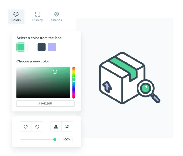 Éditeur d'icônes Flaticon avec sélecteur de couleur, code hexadécimal, rotation, symétrie et réglage de la taille