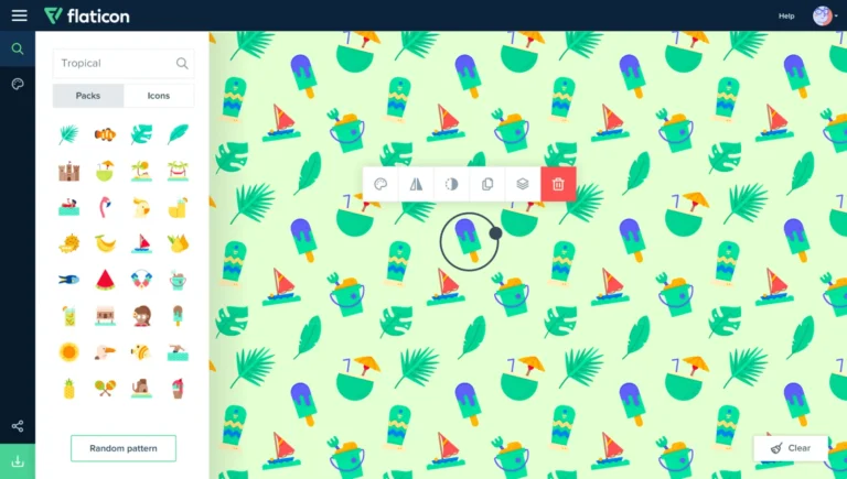 Générateur de motifs Flaticon avec la recherche de packs à gauche et un motif tropical en cours d'édition