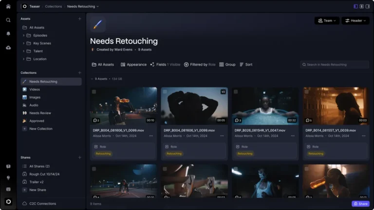 Collection Frame.io filtrée par rôle, avec vignettes de vidéos, champ Retouching et arborescence de dossiers