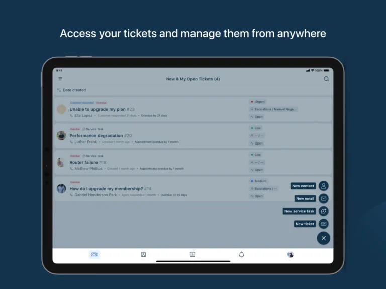 Application Freshdesk sur iPad listant les tickets ouverts avec raccourcis pour créer un ticket, un e-mail ou un contact
