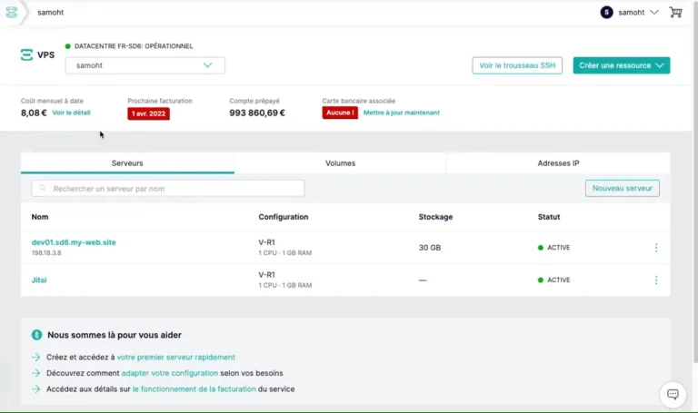 Tableau de bord GandiCloud VPS avec coût mensuel à date, compte prépayé et liste des serveurs V-R1 actifs